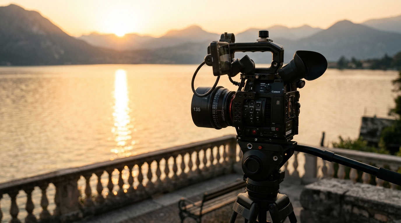 Canon C200 con ottica cine 135mm sul Lago di Garda durante la golden hour di settembre